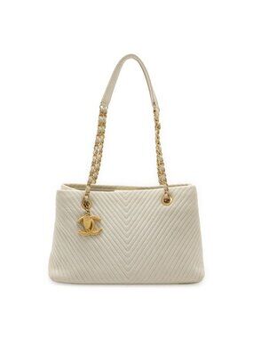Chanel V Stitch Chevron Tote Bag Chain Shoulder Leather Ivory